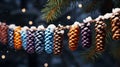 AI generated. Beautiful Christmas tree decorations in the shape of pine cones, painted in purple.