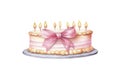 Ai generated beautiful graceful watercolor birthday cake with burning candles.