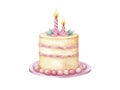 Ai generated beautiful graceful watercolor birthday cake with burning candles.