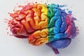 AI generated a beautiful illustration of a brain on a white background with the colors of the LGBT rainbow flag