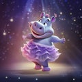 AI generated, Beautiful illustration of a cute adorable hippopotamus dancing on the stage, doing ballet. Pixar style character