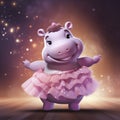 AI generated, Beautiful illustration of a cute adorable hippopotamus dancing on the stage, doing ballet. Pixar style character