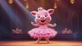 AI generated, Beautiful illustration of a cute adorable piggy dancing on the stage, doing ballet. Pixar style character