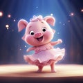 AI generated, Beautiful illustration of a cute adorable piggy dancing on the stage, doing ballet. Pixar style character