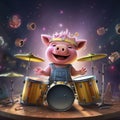 AI generated, Beautiful illustration of a cute adorable piggy playing the drums on stage in the spotlight. Pixar style character Royalty Free Stock Photo