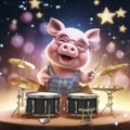 AI generated, Beautiful illustration of a cute adorable piggy playing the drums on stage in the spotlight. Pixar style character Royalty Free Stock Photo