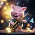 AI generated, Beautiful illustration of a cute adorable piggy playing the saxophone on stage in the spotlight. Pixar style Royalty Free Stock Photo