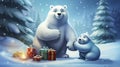 AI generated, Beautiful illustration of a cute adorable polar bears with Christmas presents sitting in the snow. Royalty Free Stock Photo