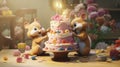 AI generated, Beautiful illustration of cute adorable squirrels decoration a huge birthday cake in the kitchen.