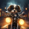 AI generated, Beautiful illustration of a tough looking dog riding a motorcycle. Pixar style character. Sweet dog riding