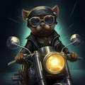 AI generated, Beautiful illustration of a tough looking dog riding a motorcycle. Pixar style character. Sweet dog riding