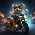 AI generated, Beautiful illustration of a tough looking dog riding a motorcycle. Pixar style character. Sweet dog riding