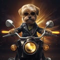 AI generated, Beautiful illustration of a tough looking dog riding a motorcycle. Pixar style character. Sweet dog riding