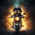 AI generated, Beautiful illustration of a tough looking dog riding a motorcycle. Pixar style character. Sweet dog riding