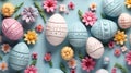 AI Generated. Beautiful unusual Easter eggs and flowers made up of toy parts of delicate blue, yellow and pink flowers.