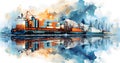 Container Cargo freight ship with working crane bridge and reflection in sea watercolor illustration painting background.