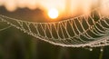 Delicate spider web glistening with morning dew at sunset Royalty Free Stock Photo