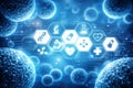 AI generated biomedical biotechnology background with cells hexagon interface dna molecular research data analysis and medical Royalty Free Stock Photo