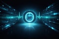 AI generated biotech digital health core with glowing blue sphere and heartbeat data streams representing medical analytics Royalty Free Stock Photo