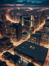 AI generated bird's eye view of brightly lit skyscrapers after sunset