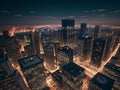 AI generated bird's eye view of brightly lit skyscrapers in a city after sunset