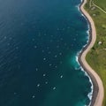 AI generated bird's eye view of migratory birds flying near to the sea coast