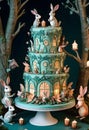 a birthday cake with bunnies and trees on it