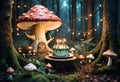 a birthday cake with candles and a mushroom in the woods