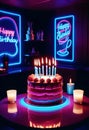 a birthday cake with lit candles and a sign that says happy birthday Royalty Free Stock Photo