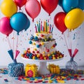 Beautiful happy birthday Background With Balloons, cake with candles by Ai generated Royalty Free Stock Photo