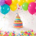 Beautiful happy birthday Background With Balloons, cake with candles by Ai generated Royalty Free Stock Photo