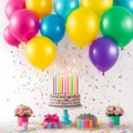 Beautiful happy birthday Background With Balloons, cake with candles by Ai generated Royalty Free Stock Photo