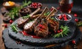 A plate of food with meat and berries on it.