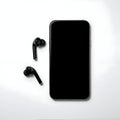 AI-Generated Black Smartphone and Earbuds on a White Surface Royalty Free Stock Photo