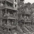 AI generated black and white artwork of an abandoned residential housings