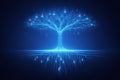 AI generated blue abstract digital data tree with glowing light lines and falling data particles on dark gradient background Royalty Free Stock Photo