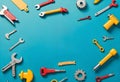 a blue background with a blue surface with a bunch of tools on it Royalty Free Stock Photo