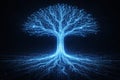 AI generated blue digital tree formed by glowing data lines and circuit roots on dark background representing artificial Royalty Free Stock Photo