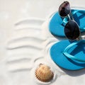 AI Generated: Blue Flip-Flops, Sunglasses, and Seashell on White Sand Royalty Free Stock Photo