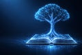 AI generated blue glowing digital tree growing from an open book representing knowledge growth data learning artificial Royalty Free Stock Photo