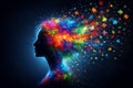 AI generated blue glowing human profile with colorful puzzle pieces bursting from the brain symbolizing creativity imagination Royalty Free Stock Photo