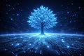 AI generated blue glowing tree connected to digital circuits and data network symbolizing artificial intelligence technology Royalty Free Stock Photo