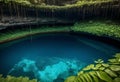 the blue hole in the jungle is surrounded by green plants