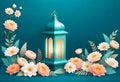 a blue lantern with flowers and a blue background with a light on it