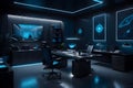 Ai generated blue neon workspace with modern facilities in the building