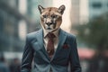 Man in suit with a puma head and blurred background Royalty Free Stock Photo