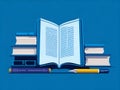 Ai generated books and pencil on blue background