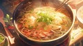 bowl of flavorful pho with noodles and fresh herbs with steam rising manga cartoon style by AI generated