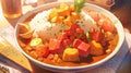 bowl of curry with vibrant vegetables with fluffy rice manga cartoon style by AI generated