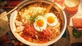 bowl of fragrant and spicy curry laksa with noodles and toppings with chili flakes manga cartoon style by AI generated